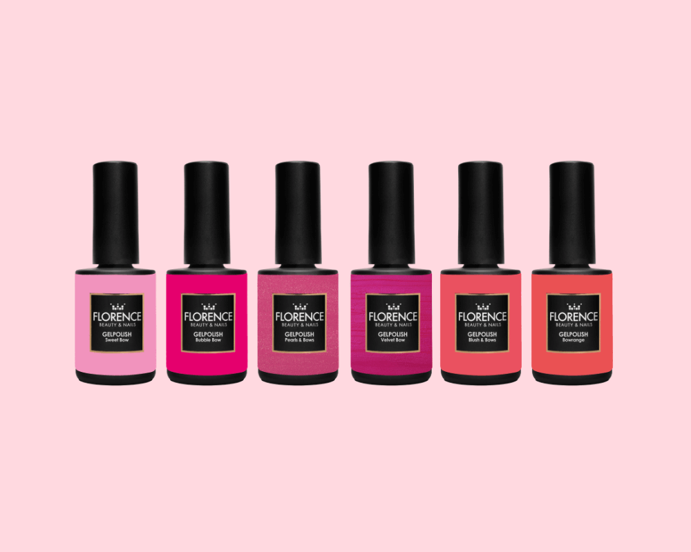 De roze en oranje Gelpolish kleuren van de nieuwe collectie Pretty in Bows van Florence